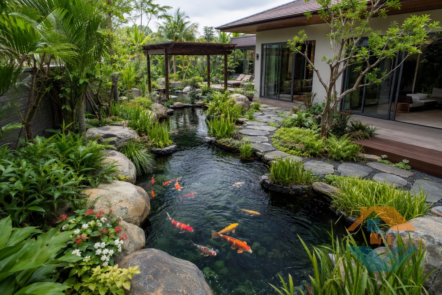 Bể Cá Koi Theo Phong Cách Tự Nhiên – Nhiệt Đới – Không Gian Mặt Nước Sống Động Giữa Kiến Trúc Và Khu Vườn