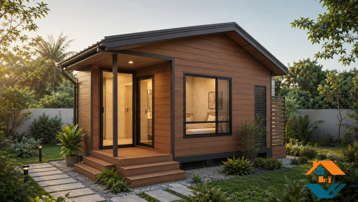 Mẫu Bungalow Nhỏ Ốp Shera Vân Gỗ, Nội Thất PVC Giả Đá