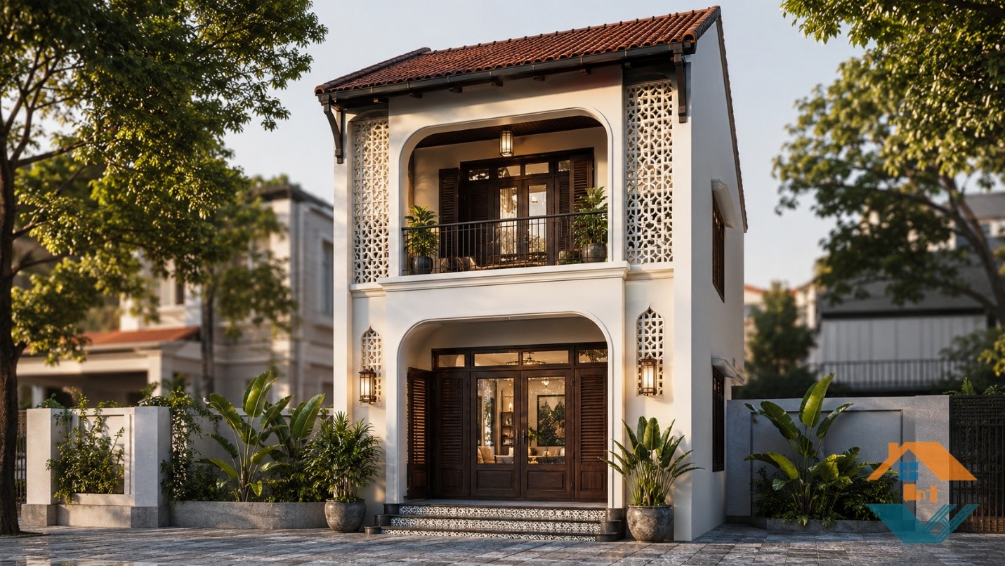 Mẫu Nhà Phố 2 Tầng Phong Cách Indochine Với Mặt Tiền Thanh Lịch, Nội Thất Ấm Cúng, Sân Vườn Nhỏ Đẹp.