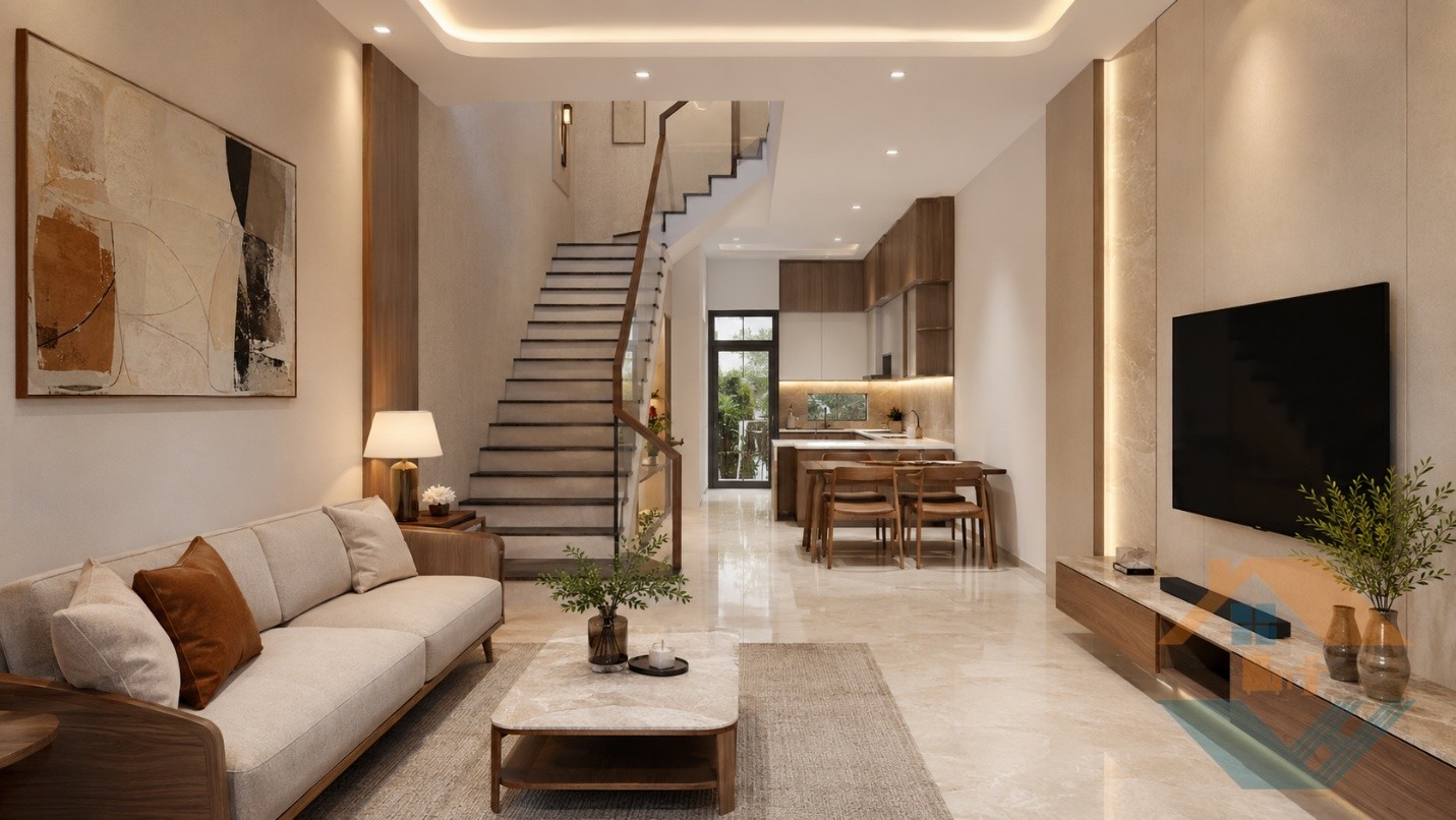 Thiết Kế Phòng Khách Liền Bếp Đẹp Và Sang Trọng Cho Nhà Phố Có Mặt Tiền Hẹp